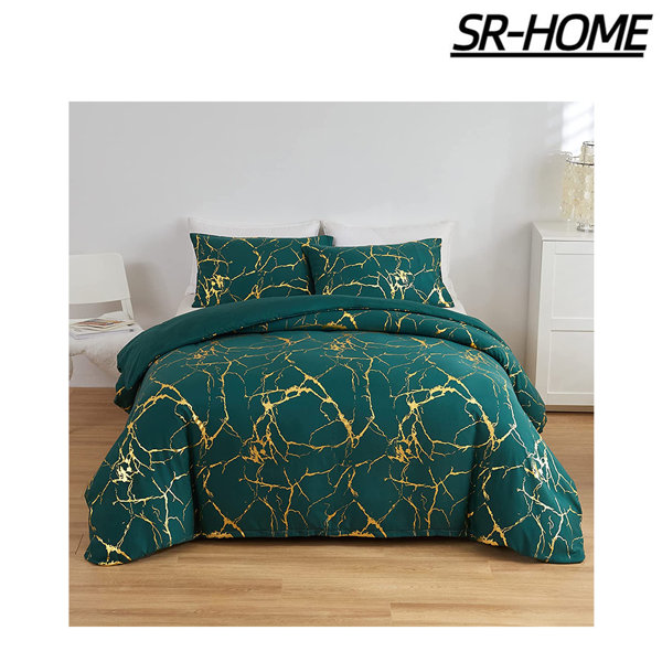 SRHOME Velvet Duvet Cover Set,Gold Marble Metallic Glitter Comforter